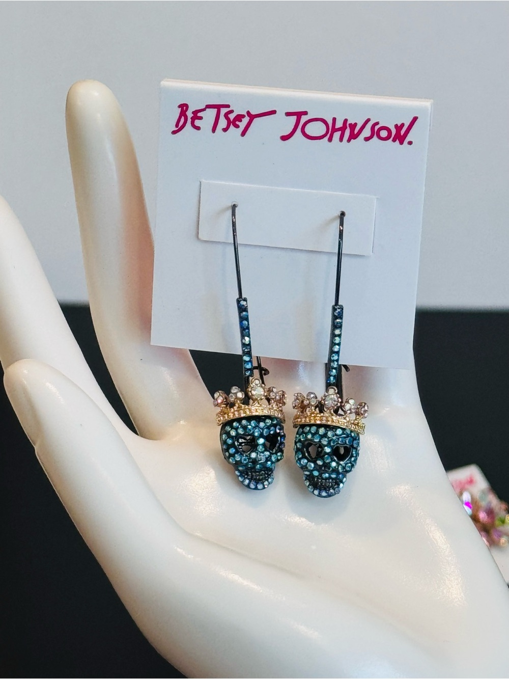 Betsey Johnson Blue Crystal Skull Drop Earrings with Gold Crown Accents